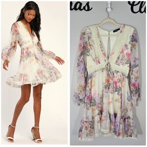 Lulu's Season of Sweetness Ivory Floral Print Long Sleeve Mini Dress Size Medium